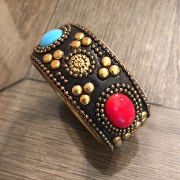 Boho Chic Brass Bangle Glass Cabochons Brass Studs - Picture 2 of 11